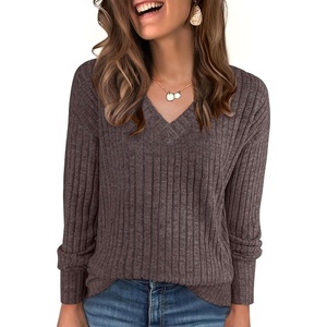 ANRABESS Ribbed V Neck Long Sleeve Shirts for Women(Deep Brown)
