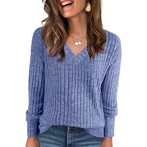 ANRABESS Ribbed V Neck Long Sleeve Shirts for Women(Navy Blue)