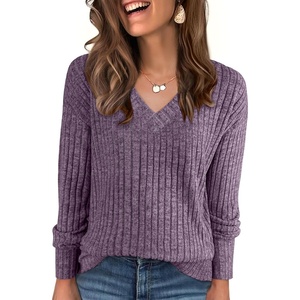 ANRABESS Ribbed V Neck Long Sleeve Shirts for Women(Purple)
