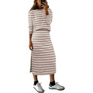 ANRABESS Women 2 Piece Striped Sweater Skirt Set(Almond White)