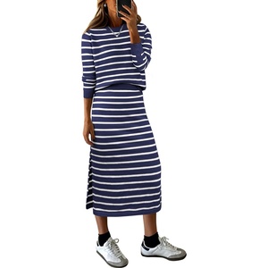 ANRABESS Women 2 Piece Striped Sweater Skirt Set(Blue White)