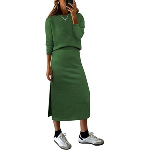 ANRABESS Women 2 Piece Striped Sweater Skirt Set(Green)