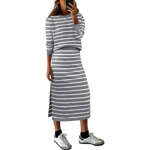 ANRABESS Women 2 Piece Striped Sweater Skirt Set(Grey White)