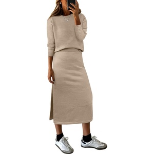 ANRABESS Women 2 Piece Striped Sweater Skirt Set(Khaki)