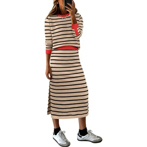 ANRABESS Women 2 Piece Striped Sweater Skirt Set(Khaki Black Red)