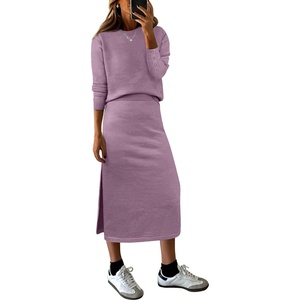 ANRABESS Women 2 Piece Striped Sweater Skirt Set(Light Purple)