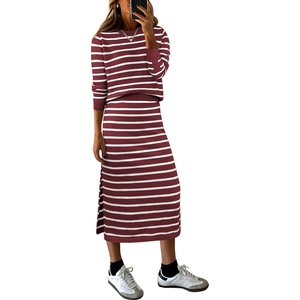 ANRABESS Women 2 Piece Striped Sweater Skirt Set(Red White)