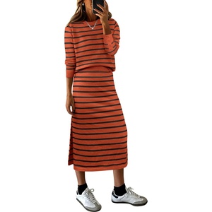 ANRABESS Women 2 Piece Striped Sweater Skirt Set(Rust Red Black)
