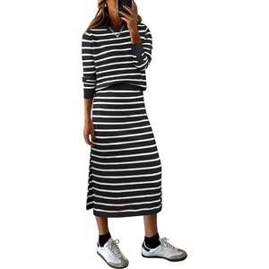ANRABESS Women 2 Piece Striped Sweater Skirt Set(White Black)