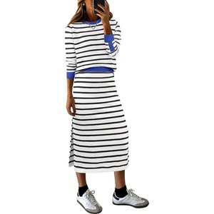 ANRABESS Women 2 Piece Striped Sweater Skirt Set(White Black Blue)