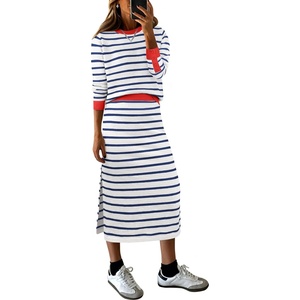 ANRABESS Women 2 Piece Striped Sweater Skirt Set(White Blue Red)