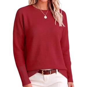 ANRABESS Women Fall Oversized Long Batwing Sleeve Ribbed Sweaters(Red)