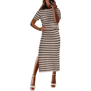 ANRABESS Women’s 2 Piece Striped Sweater Skirt Set(Beige Black)