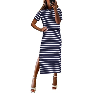 ANRABESS Women’s 2 Piece Striped Sweater Skirt Set(Blue White)