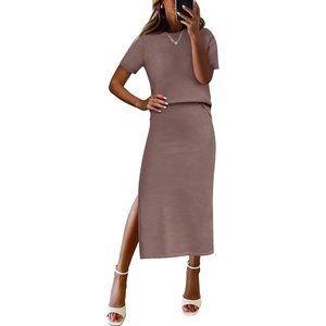 ANRABESS Women’s 2 Piece Striped Sweater Skirt Set(Nutmeg)