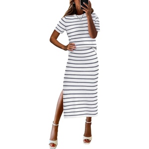 ANRABESS Women’s 2 Piece Striped Sweater Skirt Set(White Grey Stripe)