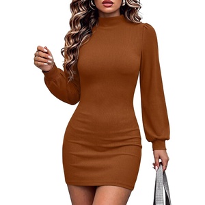 ANRABESS Womens Fall Turtle Neck Long Sleeve Bodycon Mini Sweater Dresses(Caramel)