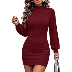 ANRABESS Womens Fall Turtle Neck Long Sleeve Bodycon Mini Sweater Dresses(Wine Red)