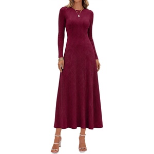 ANRABESS Womens Long Sleeve Ribbed Knit Fall Casual Maxi Dress(Burgundy)