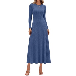 ANRABESS Womens Long Sleeve Ribbed Knit Fall Casual Maxi Dress(Navy Blue)