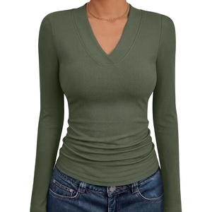 ANRABESS Womens Long Sleeve Shirts V Neck Ribbed Knit Fitted Fall Tops(Army Green)