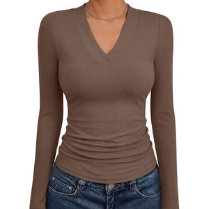ANRABESS Womens Long Sleeve Shirts V Neck Ribbed Knit Fitted Fall Tops(Brown)
