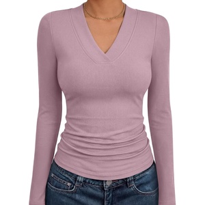 ANRABESS Womens Long Sleeve Shirts V Neck Ribbed Knit Fitted Fall Tops(Light Purple)