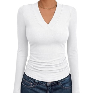 ANRABESS Womens Long Sleeve Shirts V Neck Ribbed Knit Fitted Fall Tops(White)