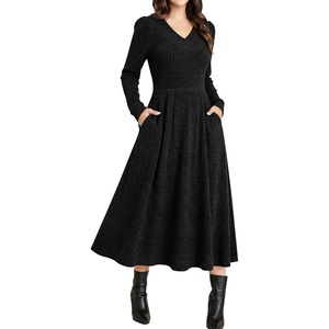 ANRABESS Womens Long Sleeve V Neck A Line Fall Midi Dress(Black)