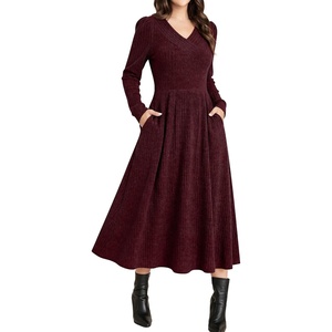 ANRABESS Womens Long Sleeve V Neck A Line Fall Midi Dress(Burgundy)