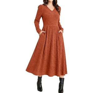ANRABESS Womens Long Sleeve V Neck A Line Fall Midi Dress(Burnt Orange)