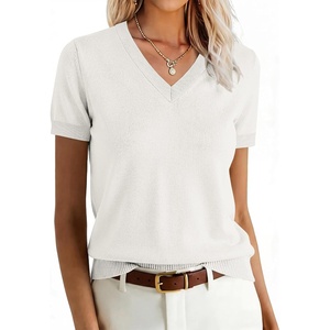 ANRABESS Womens Short Sleeve Sweater Top Wool Blend Business Casual Outfits(Beige White)
