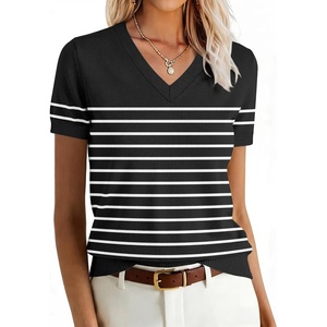 ANRABESS Womens Short Sleeve Sweater Top Wool Blend Business Casual Outfits(Black White Stripe)