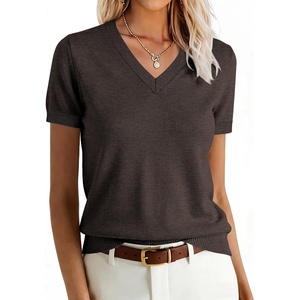 ANRABESS Womens Short Sleeve Sweater Top Wool Blend Business Casual Outfits(Dark Brown)