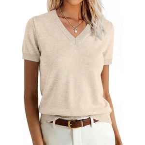 ANRABESS Womens Short Sleeve Sweater Top Wool Blend Business Casual Outfits(Light Khaki)